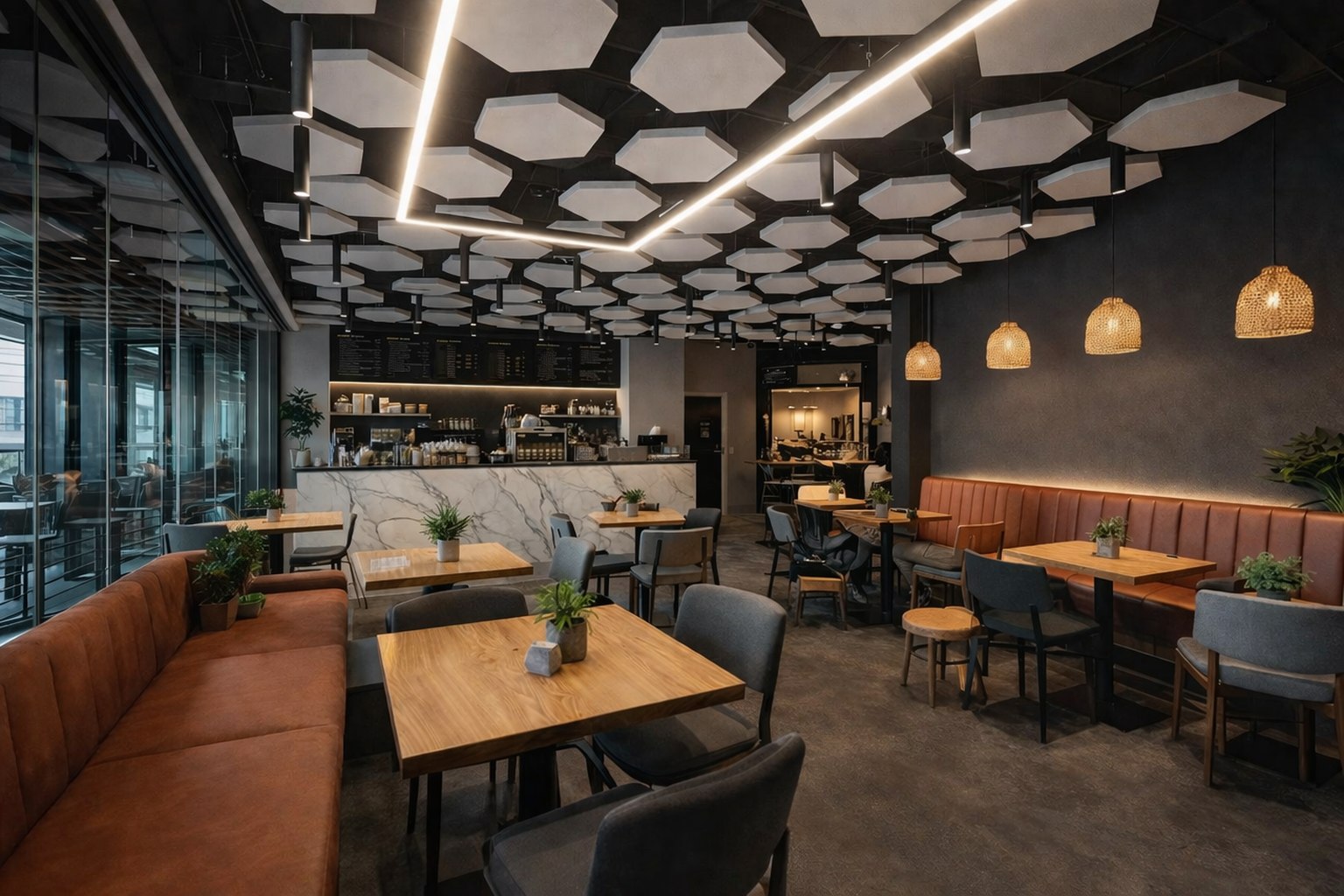 Как снизить шум в ресторане: акустические панели и потолки K&R Design