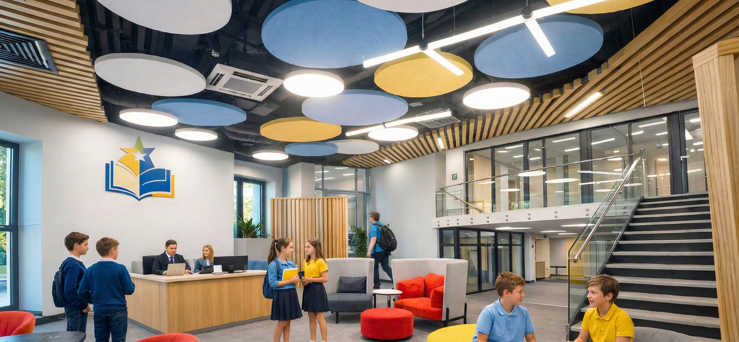 Звуковой комфорт в школе: акустические острова K&R Design